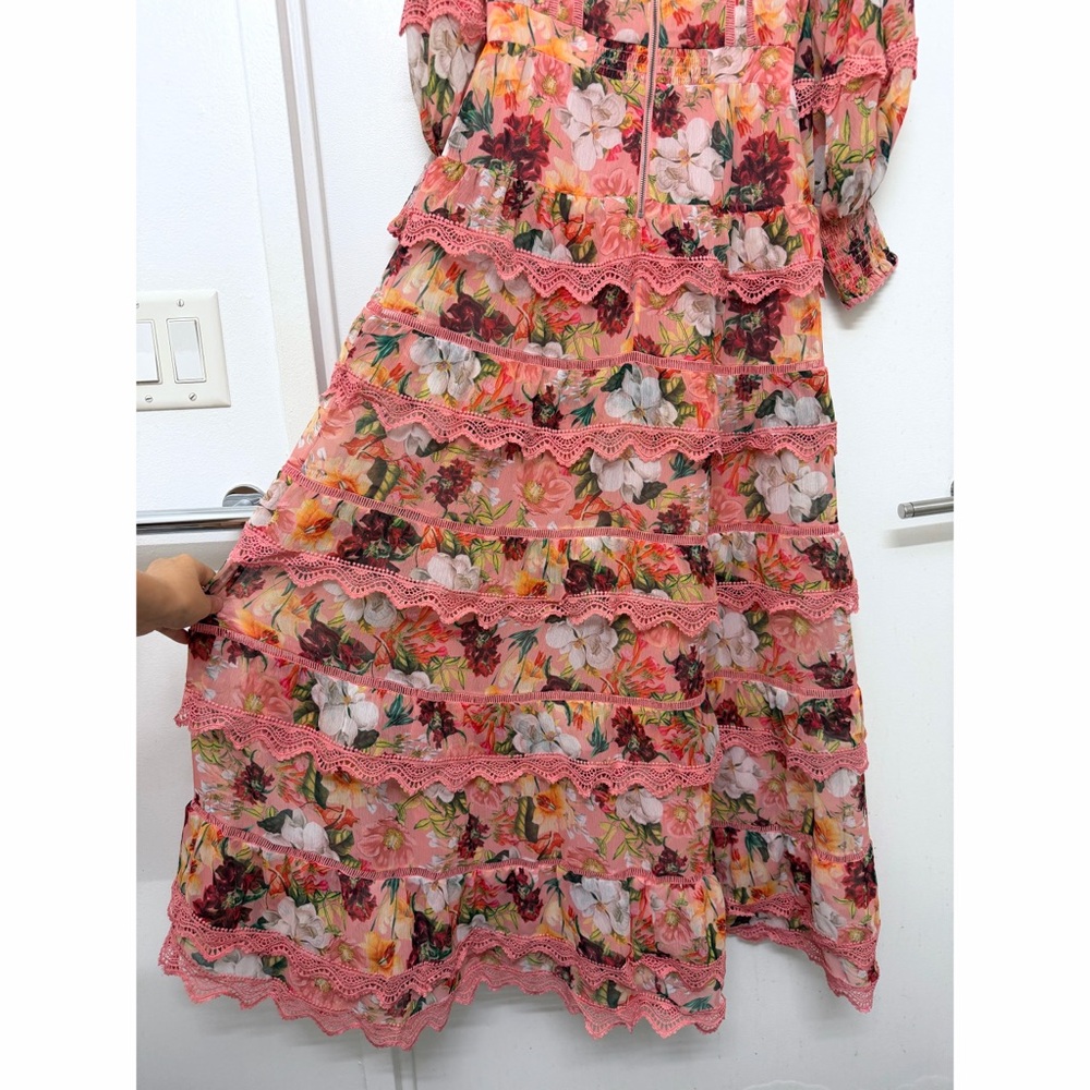 Alice + Olivia Brooke High Neck Maxi Dress Juniper Floral Rose Pink Lace Trim 0 - Picture 12 of 16